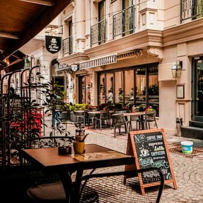Café storefront with pavement seating